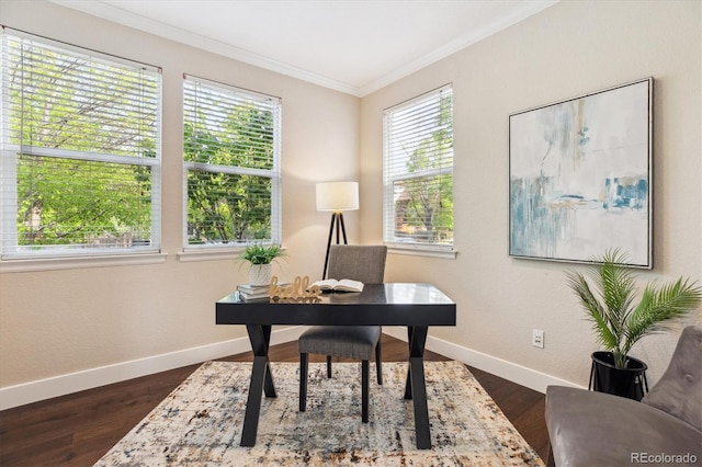 2857 Xanthia Ct, Denver, CO 80238 - home office featuring ornamental molding, baseboards, and dark wood-type flooring