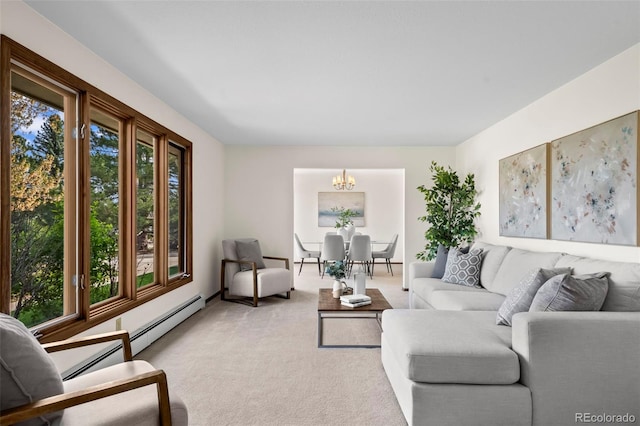 1198 Crestmoor Dr, Boulder, CO 80303 - living area with a chandelier, light carpet, and a baseboard heating unit