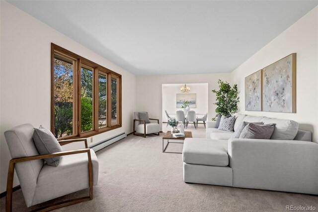 1198 Crestmoor Dr, Boulder, CO 80303 - living area featuring baseboard heating, carpet flooring, and a chandelier