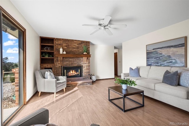 1198 Crestmoor Dr, Boulder, CO 80303 - living room with a fireplace, wood finished floors, and ceiling fan