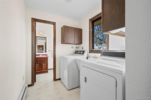 1198 Crestmoor Dr, Boulder, CO 80303 - washroom featuring cabinet space, washer and clothes dryer, and a baseboard radiator