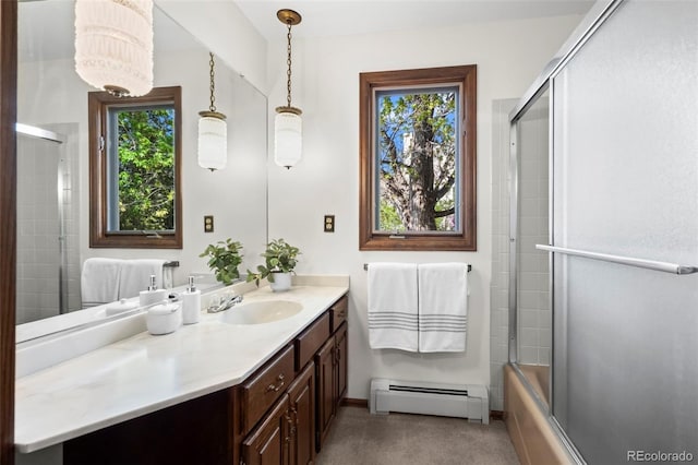 1198 Crestmoor Dr, Boulder, CO 80303 - full bath with a baseboard heating unit, vanity, and bath / shower combo with glass door