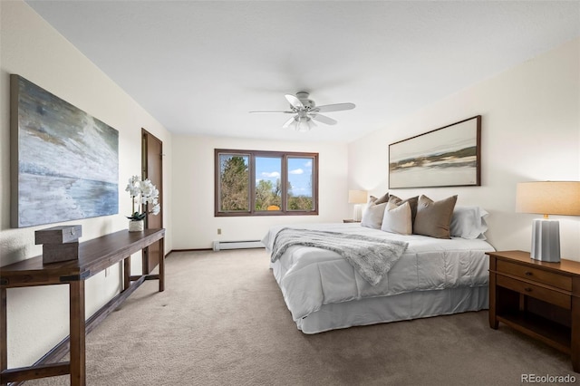 1198 Crestmoor Dr, Boulder, CO 80303 - bedroom featuring a baseboard heating unit, light colored carpet, and a ceiling fan