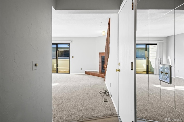 hall with carpet flooring and a textured ceiling