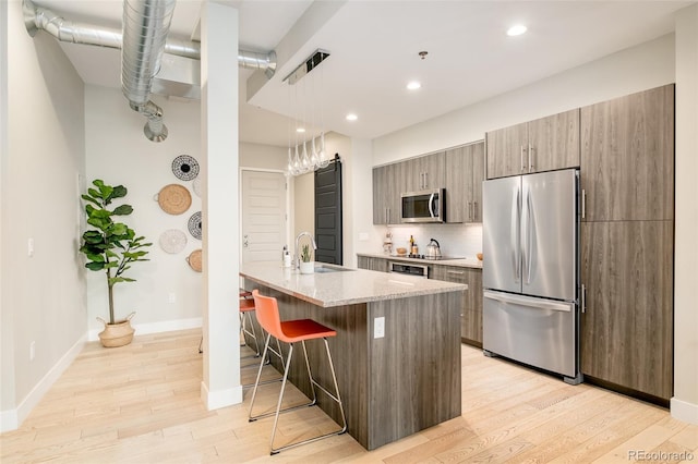 3198 Blake St Unit 402, Denver, CO 80205 - kitchen with appliances with stainless steel finishes, light wood finished floors, a breakfast bar, a center island with sink, and tasteful backsplash