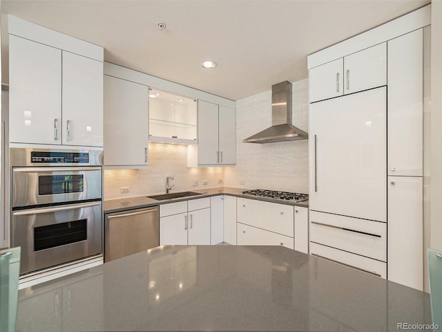 kitchen with white cabinetry, sink, stainless steel appliances, and wall chimney range hood