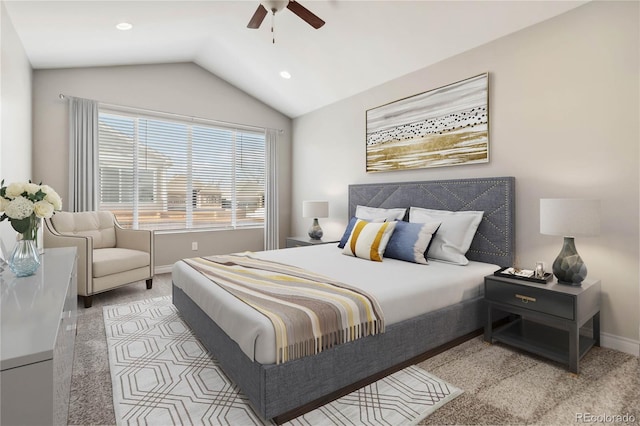 bedroom with lofted ceiling, light carpet, and ceiling fan