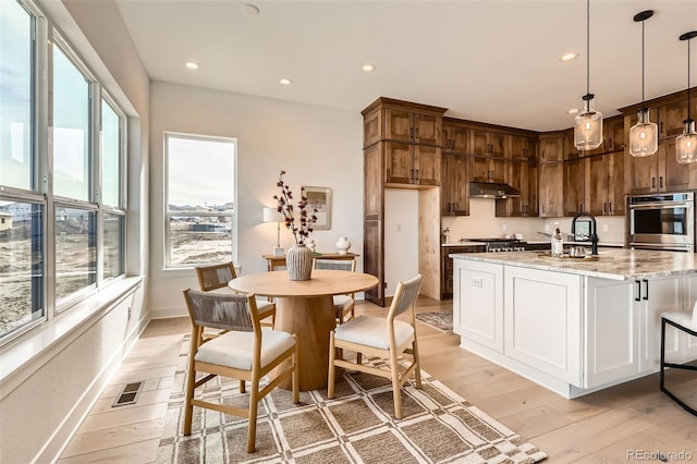 668 Leafy Aster Ln, Castle Rock, CO 80104 - kitchen featuring light wood-style floors, recessed lighting, a sink, light stone countertops, and under cabinet range hood