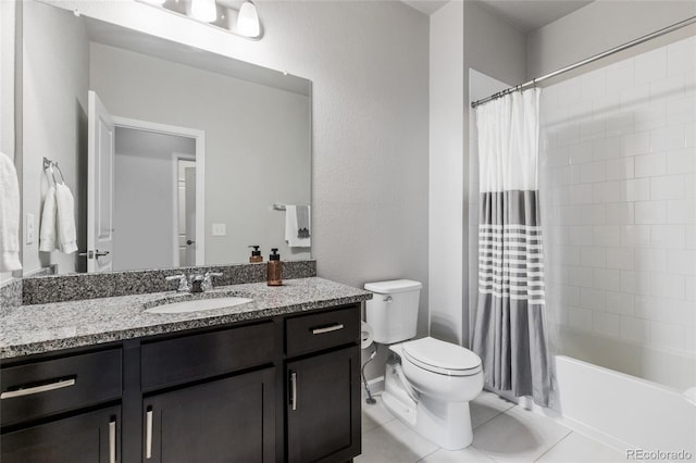 full bathroom with vanity, tile patterned flooring, shower / bath combo, and toilet