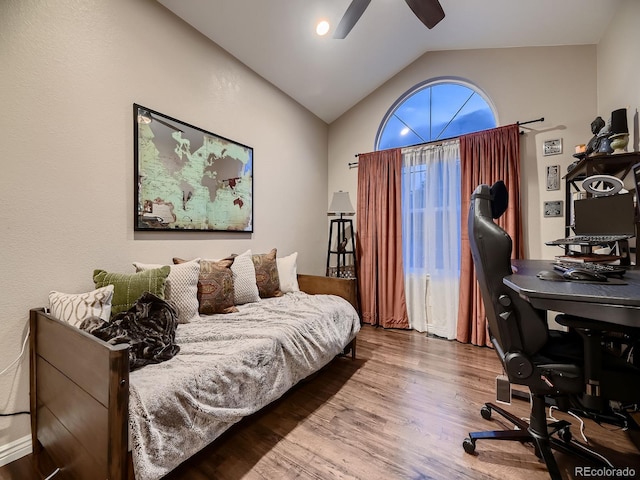 9412 Burgundy Cir, Highlands Ranch, CO 80126 - office area featuring a ceiling fan, wood finished floors, and vaulted ceiling