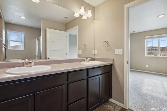 bathroom with vanity, plenty of natural light, and a shower with shower door