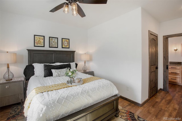 bedroom featuring dark hardwood / wood-style flooring and ceiling fan