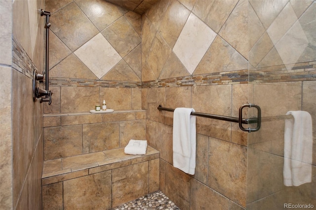 bathroom with a shower with shower door