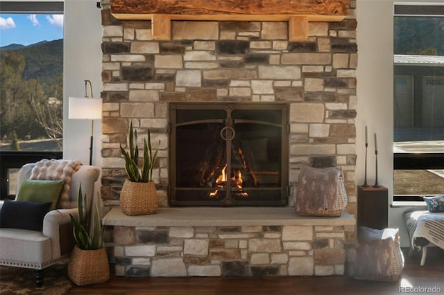 interior details with a fireplace, wood finished floors, and a mountain view