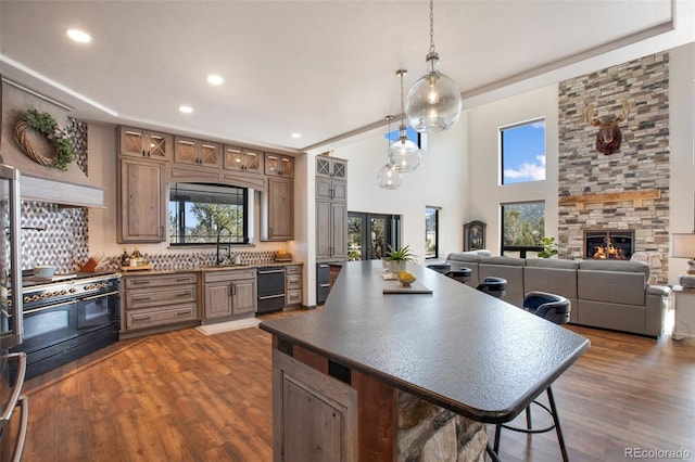 kitchen featuring dark wood-style floors, range with two ovens, dark countertops, and a sink