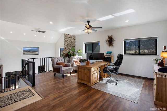 office area featuring vaulted ceiling, baseboards, dark wood finished floors, and recessed lighting