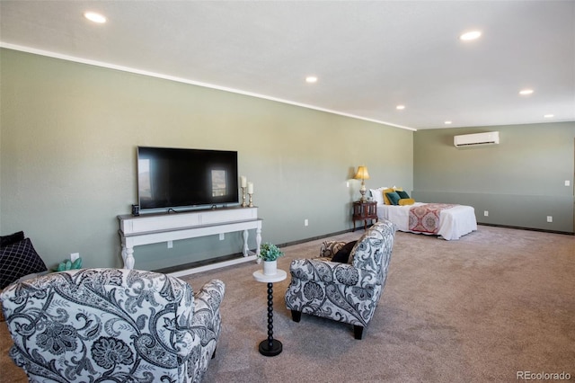 living area with recessed lighting, a wall mounted air conditioner, carpet flooring, and baseboards