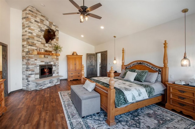 bedroom featuring a ceiling fan, wood finished floors, a fireplace, high vaulted ceiling, and recessed lighting