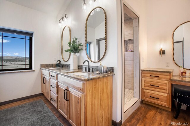 bathroom with double vanity, a sink, and wood finished floors