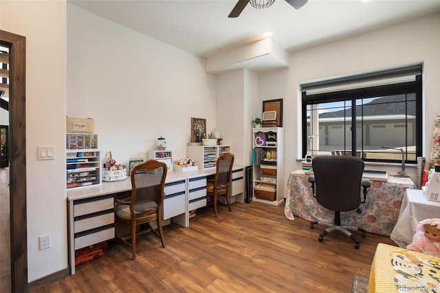 office area featuring a ceiling fan and wood finished floors