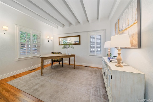 2340 S Columbine St, Denver, CO 80210 - home office featuring light wood-type flooring and beam ceiling