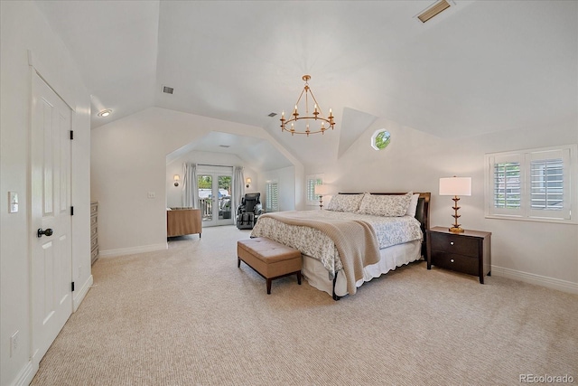 2340 S Columbine St, Denver, CO 80210 - bedroom with lofted ceiling, light colored carpet, and a chandelier