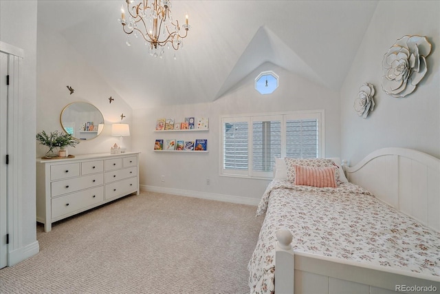 2340 S Columbine St, Denver, CO 80210 - bedroom featuring lofted ceiling, light carpet, and a chandelier
