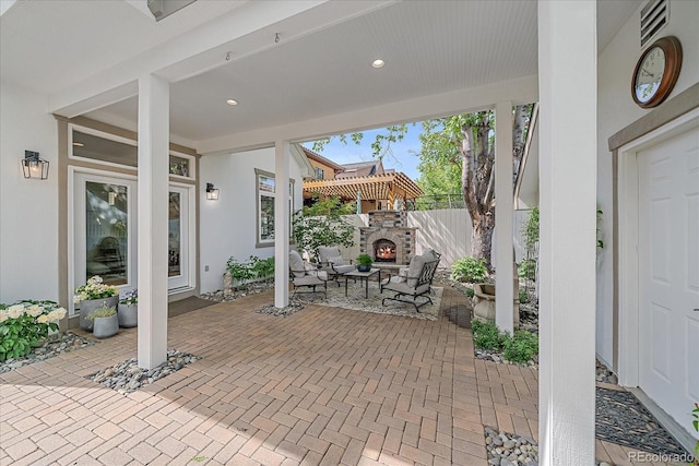 2340 S Columbine St, Denver, CO 80210 - view of patio / terrace featuring an outdoor stone fireplace