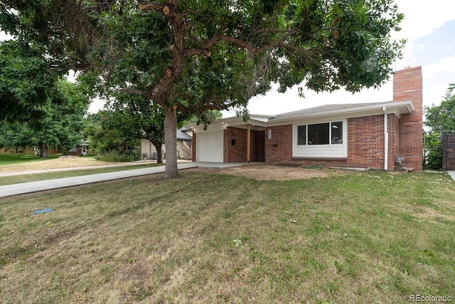 1815 S Monroe St, Denver, CO 80210 - ranch-style home with an attached garage, a chimney, concrete driveway, a front lawn, and brick siding