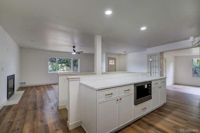 1815 S Monroe St, Denver, CO 80210 - kitchen featuring built in microwave, white cabinetry, dark wood finished floors, ceiling fan, and recessed lighting
