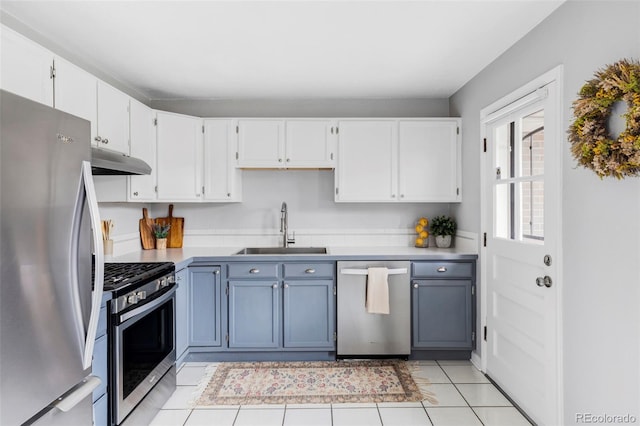 kitchen with white cabinets, under cabinet range hood, stainless steel appliances, and a sink