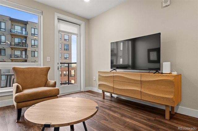 living area with baseboards and wood finished floors