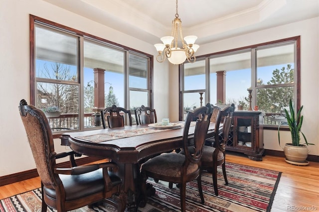 dining room featuring a raised ceiling, a healthy amount of sunlight, hardwood / wood-style floors, and a notable chandelier