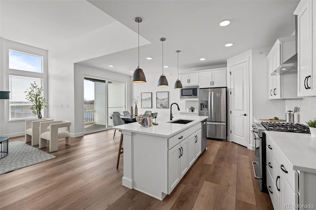 8242 S Pierson St, Littleton, CO 80127 - kitchen featuring light countertops, wood finished floors, a sink, stainless steel appliances, and wall chimney range hood