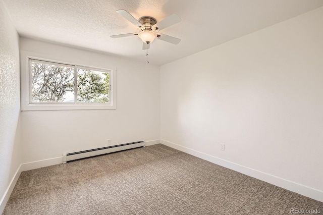 12196 W Belleview Dr, Littleton, CO 80127 - unfurnished room with a baseboard radiator, carpet, a ceiling fan, baseboards, and a textured ceiling