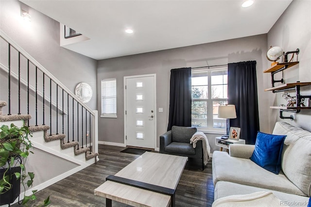 living room with stairs, recessed lighting, wood finished floors, and baseboards