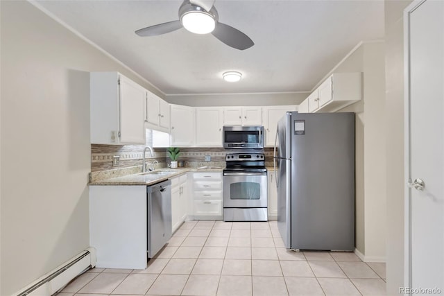 3022 S Wheeling Way Unit 107, Aurora, CO 80014 - kitchen featuring stainless steel appliances, baseboard heating, backsplash, white cabinetry, and a ceiling fan