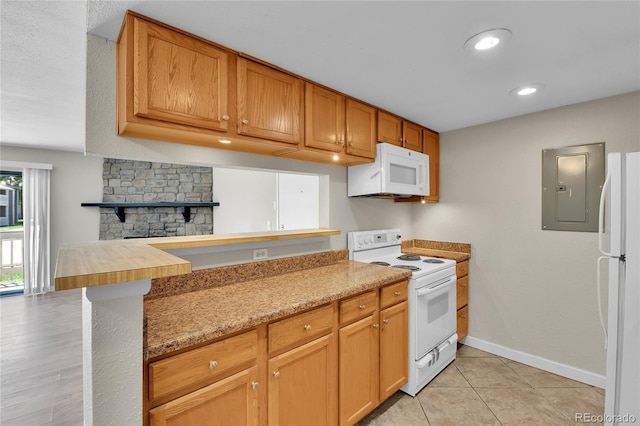 18034 E Ohio Ave Unit 104, Aurora, CO 80017 - kitchen with white appliances, electric panel, light tile patterned flooring, light stone counters, and recessed lighting