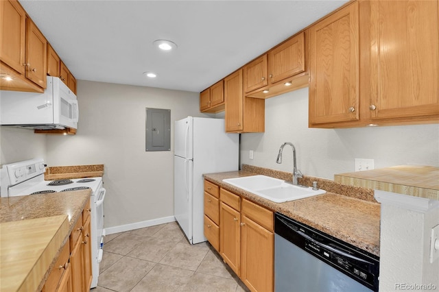 18034 E Ohio Ave Unit 104, Aurora, CO 80017 - kitchen with white appliances, electric panel, light tile patterned floors, light countertops, and recessed lighting