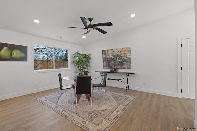 3025 Ivanhoe St, Denver, CO 80207 - dining room featuring a ceiling fan, wood finished floors, and recessed lighting