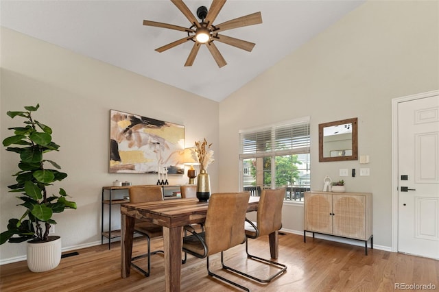 9698 Queenscliffe Dr, Highlands Ranch, CO 80130 - dining room with light wood finished floors, ceiling fan, high vaulted ceiling, an office area, and baseboards