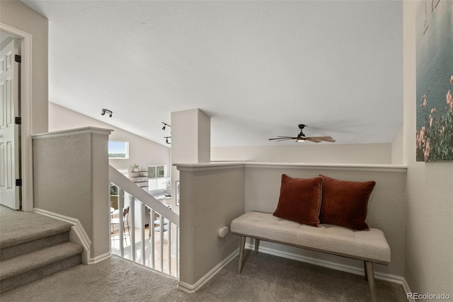 9698 Queenscliffe Dr, Highlands Ranch, CO 80130 - living area with a ceiling fan, carpet, vaulted ceiling, baseboards, and an upstairs landing