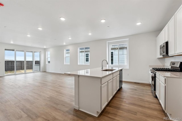19110 E 96th Pl, Commerce City, CO 80022 - kitchen featuring stainless steel appliances, a sink, baseboards, light wood-style floors, and recessed lighting