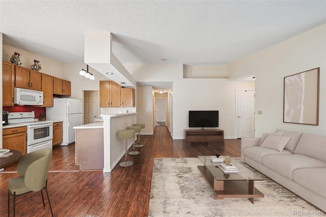 11565 Decatur St Unit 7D, Denver, CO 80234 - living area with dark wood-style flooring, a textured ceiling, and baseboards