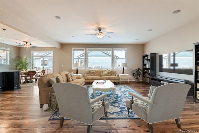 living room featuring ceiling fan and hardwood / wood-style flooring