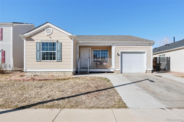 single story home featuring a garage, concrete driveway, and a shingled roof