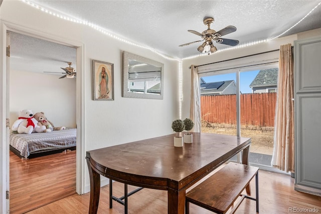 15627 E 51st Dr, Denver, CO 80239 - dining area with light wood-type flooring, ceiling fan, and a textured ceiling