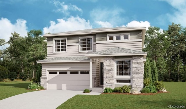 view of front facade with a front yard and a garage