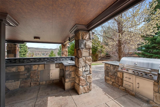 view of patio with area for grilling and a grill
