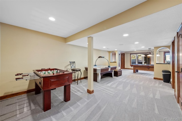 playroom with billiards, light colored carpet, baseboards, and recessed lighting